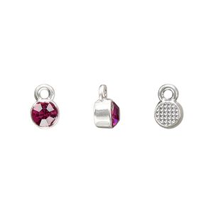 Drop, silver-finished "pewter" (zinc-based alloy) and glass rhinestone, rose, 6mm faceted round, October birthstone. Sold per pkg of 10.