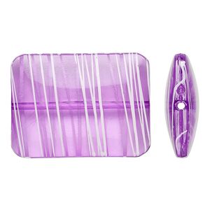 Bead, acrylic, semitransparent purple and white, 40x30mm puffed rectangle with painted line design. Sold per pkg of 12.