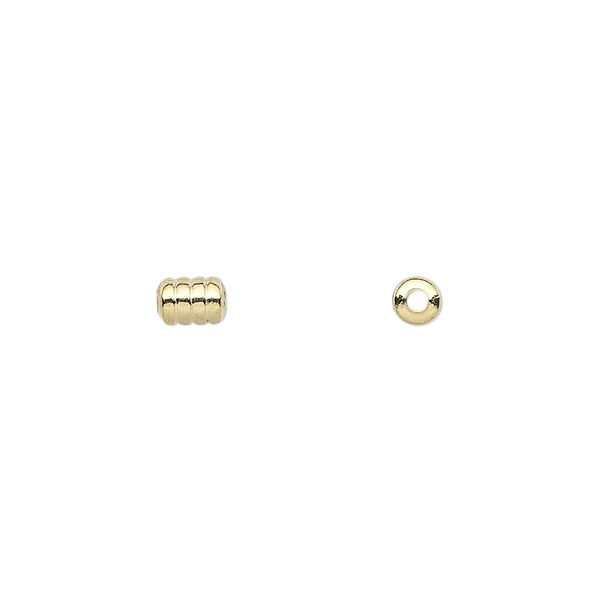 Bead, gold-plated brass, 5x4mm ribbed barrel. Sold per pkg of 100. image number 0