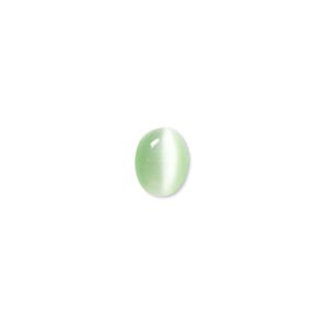 Cabochon, cat's eye glass (fiber optic glass), light green, 9x7mm calibrated oval, quality grade. Sold per pkg of 10.