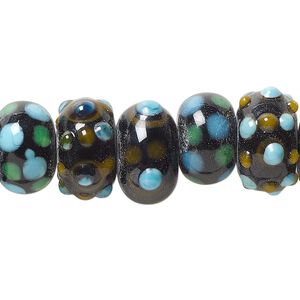 Bead, lampworked glass, opaque multicolored, 14x10mm bumpy rondelle and 13x10mm rondelle. Sold per pkg of 20.