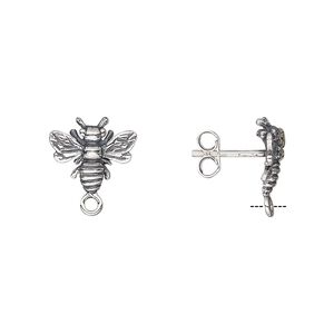 Earstud 1pkg2 sterling silver, 11.5x10mm bee / closed loop / earnuts, antiqued 1 pair