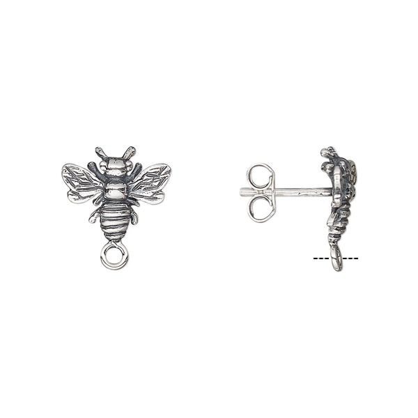 Earstud 1pkg2 sterling silver, 11.5x10mm bee / closed loop / earnuts, antiqued 1 pair image number 0