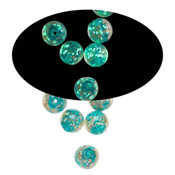 Bead, lampworked glass, clear / teal / glow-in-the-dark / gold, 10mm round. Sold per pkg of 6. image number 0