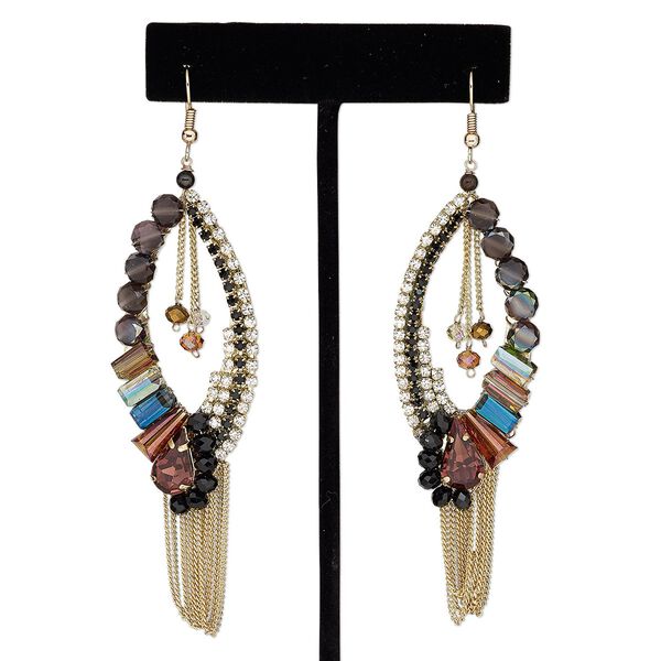 Earring, glass with gold-finished brass and steel, multicolored, 4 inches with marquise and fishhook ear wire. Sold per pair. image number 0