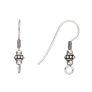 Ear wire fishhook 1pkg2 sterling silver, 25mm / 4x3mm beaded rondelle / 4mm coil / open loop, 22 gauge antiqued 1 pair