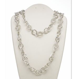 Necklace, silver-coated plastic and silver-finished aluminum, twisted, 50-inch continuous loop. Sold individually.