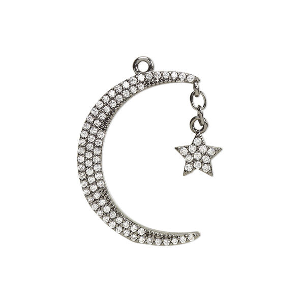 Charm, cubic zirconia and black-finished brass, clear, 25x21mm single-sided moon with star. Sold individually. image number 0