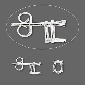 Earstud 1pkg2 Sure-Set™ sterling silver, 7x5mm oval pre-notched 4-prong basket-style setting / earnuts, 1 pair