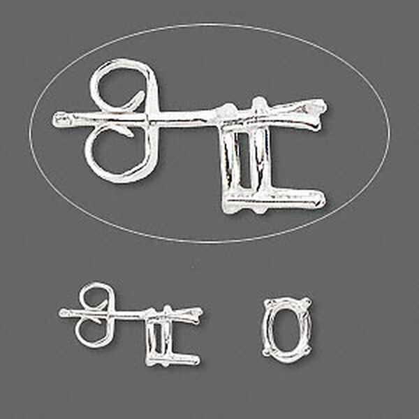 Earstud, Sure-Set™, sterling silver, 7x5mm with 4-prong oval basket setting. Sold per pair. image number 0