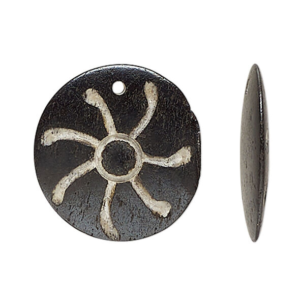 Drop, bone (dyed), black and tan, 23-24mm flat round with sun design. Sold per pkg of 4. image number 0