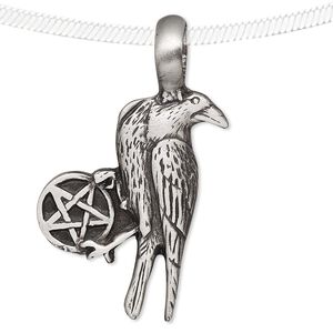 Pendant, antiqued pewter (tin-based alloy), 47x27mm raven and circle with star. Sold individually.