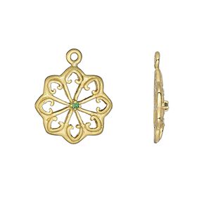 Charm, cubic zirconia and gold-finished sterling silver green, 17.5x17.5mm flower with cutout design. Sold individually.