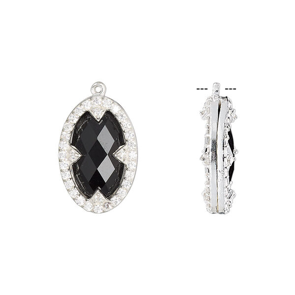 Drop, black onyx (dyed) / cubic zirconia / sterling silver, clear, 18x12mm double-sided faceted oval. Sold individually. image number 0