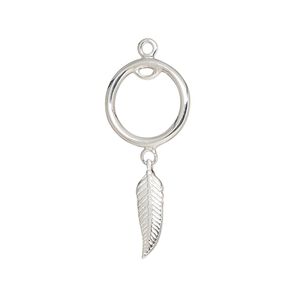 Drop, sterling silver, 29x13mm double-sided open round with feather. Sold individually.