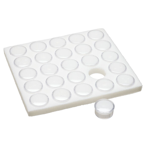 Display insert, faceted gems, foam and acrylic, white and clear, 7-3/4 x 6-3/4 x 3/4 inches with (25) 1-1/4 x 3/4 inch reclosable vials, fits standard half tray. Sold individually. image number 2