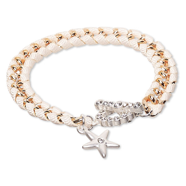 Bracelet, nylon / Czech glass rhinestone / copper-finished steel / silver-finished "pewter" (zinc-based alloy), white and clear, 8mm wide with 14.5mm star, 6-1/2 inches with toggle clasp. Sold individually. image number 0