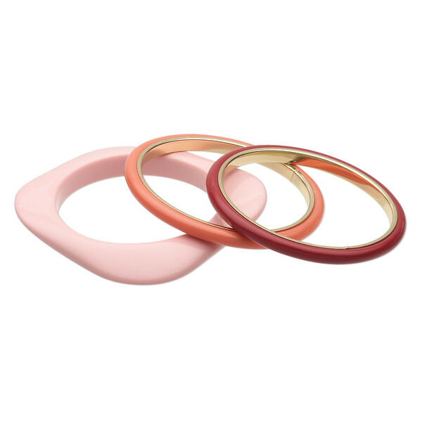 Bracelet, bangle, resin and gold finished-steel, light pink / dark rose / coral, (2) 6mm wide round and (1) 11mm wide square,  7-1/2 to 8 inches. Sold per 3-piece set. image number 0