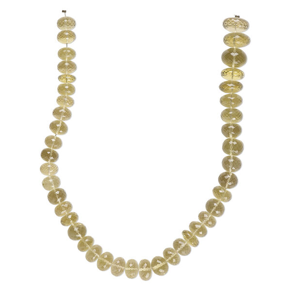 Bead, lemon quartz (heated), light to medium, 11x6mm-17x10mm graduated hand-cut micro-faceted rondelle, B+ grade, Mohs hardness 7. Sold per 14-inch strand, approximately 40 beads. image number 0