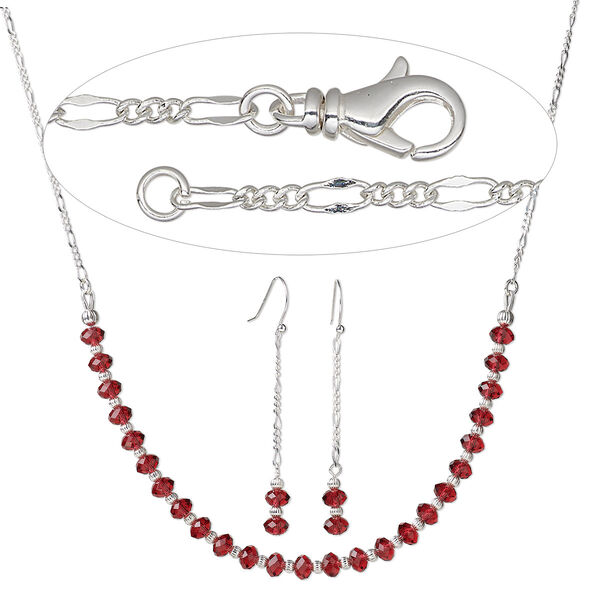 Necklace and earring set, Simple and Sleek Jewelry™, sterling silver / silver-plated stainless steel / crystal, scarlet, 28 inches with lobster claw clasp. Sold per set. image number 0