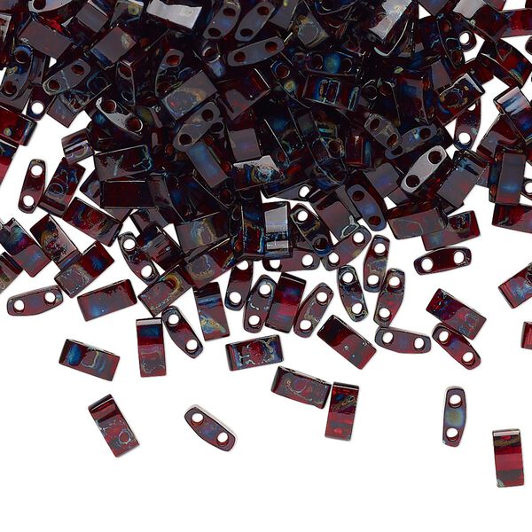 Seed bead, TILA®, glass, pkg/250g, 5x2.3mm half tila rectangle, translucent Picasso red, (HTL-4504). image number 0