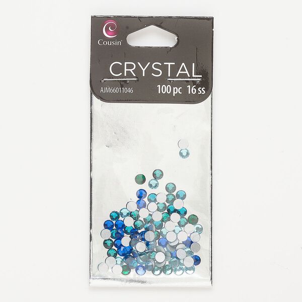 Flat back mix, flat back, glass, blue / light blue / dark green, 3.8-4mm faceted round, SS16. Sold per pkg of 100. image number 0