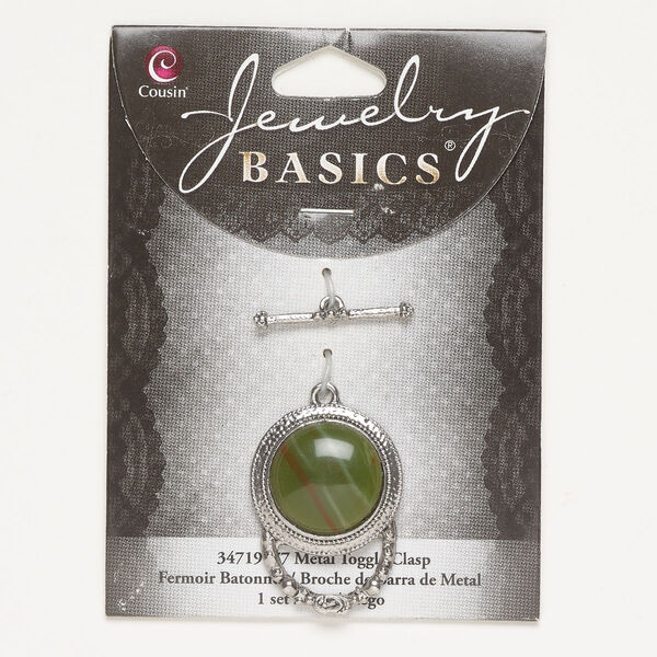 Clasp, toggle, "pewter" (zinc-based alloy) and acrylic, pkg/1, 24x25mm round, silver finish and multicolored. image number 0