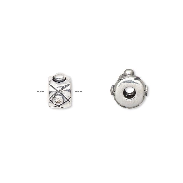 Bead, antiqued sterling silver and cubic zirconia, clear, 8x6mm rondelle with diamond pattern and 2mm hole. Sold individually. image number 0