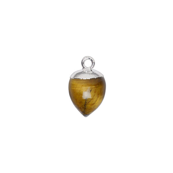 Drop, tigereye (natural) and sterling silver, 9x8mm hand-cut acorn. Sold individually. image number 0