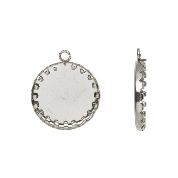 Drop, stainless steel, 17mm single-sided round with 14mm round cabochon pressure set setting. Sold per pkg of 10. image number 0