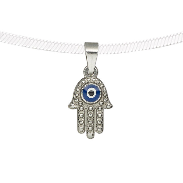 Pendant, enamel and stainless steel, blue / white / black, 16x11.5mm two-sided textured Fatima hand with eye design. Sold individually. image number 0