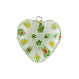 Component 1pkg1, silver-finished steel / millefiori glass, translucent / transparent multicolored, 24-25mm puffed heart.