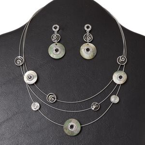 Necklace and earring set, 3-strand, antique silver-plated "pewter" (zinc-based alloy) and steel / glass rhinestone / enamel / black lip shell (natural), open flat round, 15" to 16" necklace with lobster claw clasp and 3-inch extender chain, 1-3/4 inch earring with post. Sold per set.