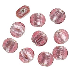 Bead, lampworked glass, opaque pink, 12x7mm-10x6mm flat round with silver-colored foil. Sold per pkg of 10.