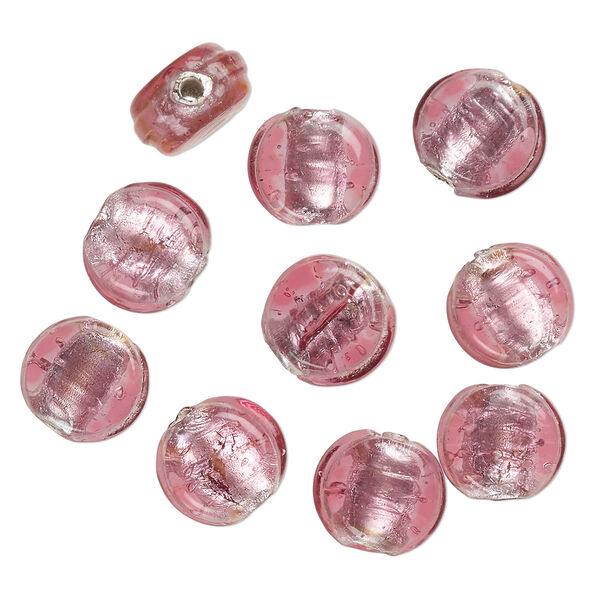 Bead, lampworked glass, opaque pink, 12x7mm-10x6mm flat round with silver-colored foil. Sold per pkg of 10. image number 0