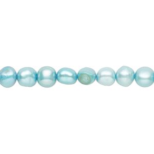Pearl, cultured freshwater (dyed), teal blue, 5x3mm-6x4mm semi-round with 0.4-0.6mm hole, D grade, Mohs hardness 2-1/2 to 4. Sold per 15-inch strand.