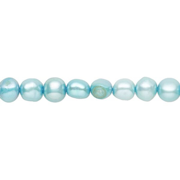 Pearl, cultured freshwater (dyed), teal blue, 5x3mm-6x4mm semi-round with 0.4-0.6mm hole, D grade, Mohs hardness 2-1/2 to 4. Sold per 15-inch strand. image number 0