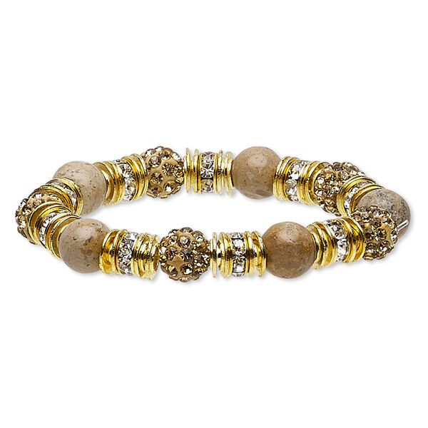 Bracelet, stretch, picture jasper (natural) / glass rhinestone / nylon / polymer clay / gold-finished "pewter" (zinc-based alloy), gold / champagne / clear, 10mm round, 6-1/2 inches. Sold individually. image number 0