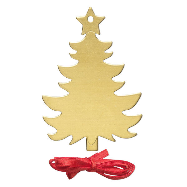 Ornament, ImpressArt®, brass and polyester, 2-7/8 x 2 inch holiday tree with ribbon. Sold per pkg of 2. image number 0