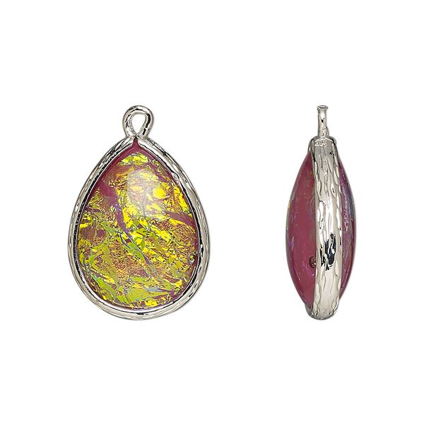 Drop, Opalized Ice™, "opal" (resin) and imitation rhodium-finished brass, opaque light purple, 19.5x15mm double-sided teardrop. Sold per pkg of 4. image number 0