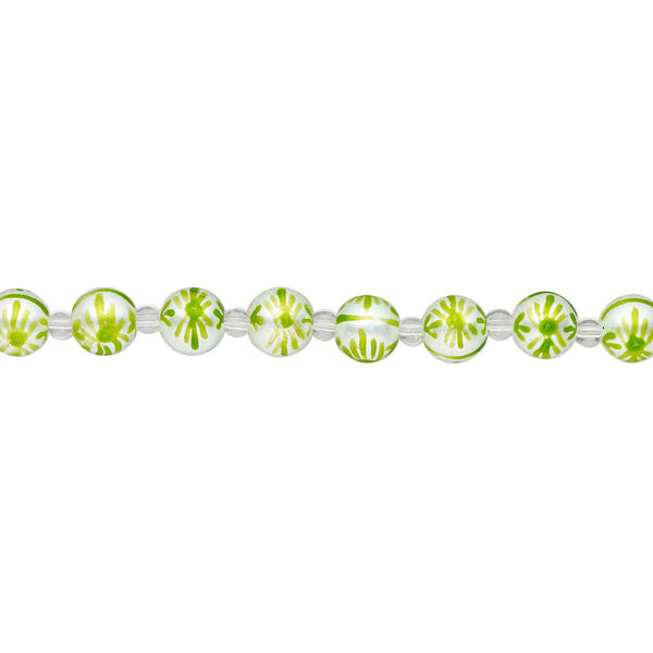 Bead, glass 1pkg8, opaque white and green, 10mm hand-painted round. image number 1
