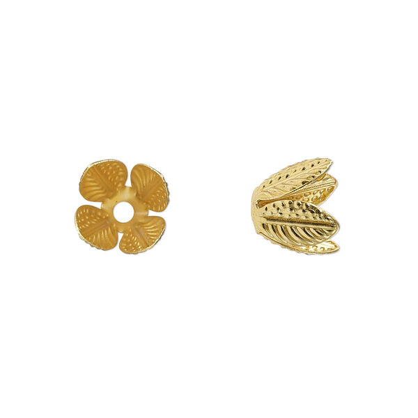 Bead cap, gold-finished steel, 9mm leaves, fits 6-8mm round bead. Sold per pkg of 20. image number 0