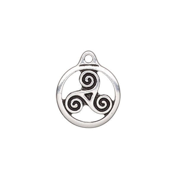 Charm, TierraCast®, antique silver-plated "pewter" (tin-based alloy), 16mm double-sided round with triskele. Sold per pkg of 20. image number 0