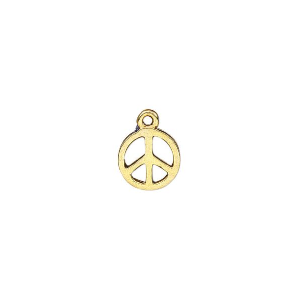 Charm, antique gold-finished "pewter" (zinc-based alloy), 9mm peace sign. Sold per pkg of 20. image number 0