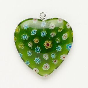 Focal 1pkg1 silver-finished steel and millefiori glass, translucent and transparent green and multicolored, 29-30mm puffed heart.