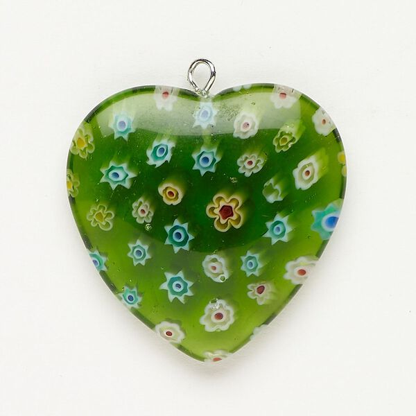 Focal 1pkg1 silver-finished steel and millefiori glass, translucent and transparent green and multicolored, 29-30mm puffed heart. image number 0
