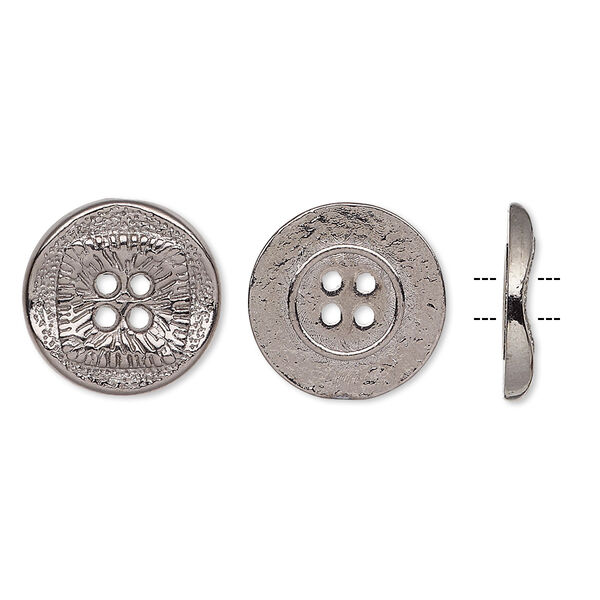 Button, gunmetal-finished "pewter" (zinc-based alloy), 15mm single-sided wavy flat round with textured square design. Sold per pkg of 20. image number 0