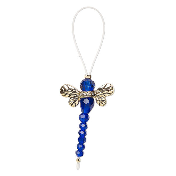 Bead, glass / glass rhinestone / antique gold-finished "pewter" (zinc-based alloy), transparent clear and cobalt, 32x22mm dragonfly. Sold per pkg of 2. image number 0