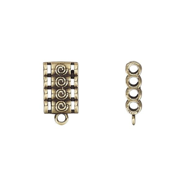 Spacer, antiqued brass, 12x8mm double-sided 4-strand quadruple round tube with raised swirl design and loop, fits up to 2mm bead. Sold individually. image number 0