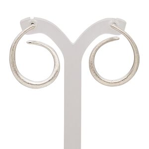 Earring, stainless steel with imitation rhodium-plated brass and "pewter" (zinc-based alloy), 29mm with scratched swirl and post. Sold per pair.